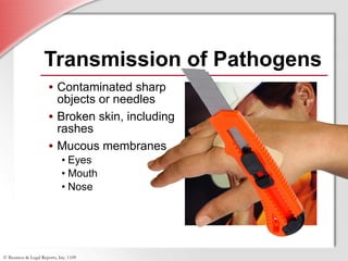 Transmission of Pathogens Contaminated sharp objects or needles Broken skin, including rashes Mucous membranes Eyes Mouth Nose 