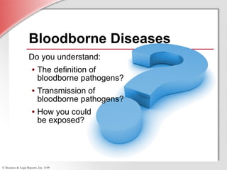 Bloodborne Diseases Do you understand: The definition of bloodborne pathogens? Transmission of bloodborne pathogens? How you could  be exposed? 