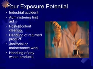 Your Exposure Potential Industrial accident Administering first aid Post-accident cleanup Handling of returned product Janitorial or maintenance work Handling of any waste products 