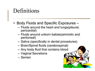 Definitions Body Fluids and Specific Exposures –  Fluids around the heart and lungs(pleural, pericardial) Fluids around unborn babies(amniotic and peritoneal)  Saliva (specifically in dental procedures)  Brain/Spinal fluids (cerebrospinal) Any body fluid that contains blood Vaginal Secretions Semen 