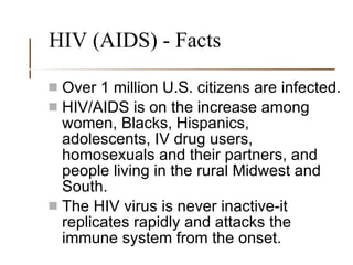 HIV (AIDS) - Facts Over 1 million U.S. citizens are infected. HIV/AIDS is on the increase among women, Blacks, Hispanics, adolescents, IV drug users, homosexuals and their partners, and people living in the rural Midwest and South. The HIV virus is never inactive-it replicates rapidly and attacks the immune system from the onset. 