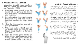 • PPE: REMOVING GLOVES
• Instructions for safely removing gloves
from the Centers for Disease Control
and Prevention (CDC):
1. With both hands gloved, grasp the
outside of one glove at the top of
your wrist, being careful not to touch
your bare skin.
2. Peel off this first glove, peeling away
from your body and from wrist to
fingertips, turning the glove inside
out.
3. Hold the glove you just removed in
your gloved hand.
4. With your ungloved hand, peel off
the second glove by inserting your
fingers inside the glove at the top of
your wrist.
5. Turn the second glove inside out
while tilting it away from your body,
leaving the first glove inside the
second. Dispose of the gloves safely.
•
‫معدات‬
‫الوقاية‬
‫الشخصية‬
:
‫إزالة‬
‫القفازات‬
•
‫تعليمات‬
‫التالية‬
‫توضح‬
‫كيفية‬
‫خلع‬
‫القفازات‬
‫القف‬
‫بأمان‬
‫الصادرة‬
‫من‬
‫مراكز‬
‫السيطرة‬
‫على‬
‫األمراض‬
‫والوقاية‬
‫منها‬
CDC)
(
.
•
‫تبدأ‬
‫عملية‬
‫خلع‬
‫القفاز‬
‫من‬
‫معصم‬
‫اليد‬
‫الخارجي‬
‫العلوي‬
،
‫مع‬
‫الحرص‬
‫على‬
‫عدم‬
‫لمس‬
‫الجلد‬
‫العاري‬
.
•
‫يخلع‬
‫القفاز‬
‫األول‬
‫بعيدا‬
‫عن‬
‫اليد‬
‫من‬
‫المعصم‬
‫إ‬
‫لى‬
‫أطراف‬
،‫األصابع‬
‫مع‬
‫قلبه‬
‫من‬
‫الداخل‬
‫إلى‬
‫الخارج‬
.
•
‫مسك‬
‫القفاز‬
‫الذي‬
‫أزلته‬
‫للتو‬
‫في‬
‫اليد‬
‫مرتدي‬
‫ة‬
‫القفاز‬
‫الثاني‬
.
•
.
‫باليد‬
‫بيدك‬
‫بدون‬
،‫القفاز‬
‫أخلع‬
‫القفاز‬
‫الثان‬
‫ي‬
‫عن‬
‫طريق‬
‫إدخال‬
‫أصابعك‬
‫داخل‬
‫القفاز‬
‫من‬
‫الجزء‬
‫العلوي‬
‫للمعصم‬
.
•
‫بلف‬
‫القفاز‬
‫الثاني‬
‫من‬
‫الداخل‬
‫إلى‬
‫الخارج‬
‫وس‬
‫حبه‬
‫بعيدا‬
‫عن‬
‫اليد‬
‫مع‬
‫ترك‬
‫القفاز‬
‫األول‬
‫بداخل‬
‫قف‬
‫از‬
‫اليد‬
‫الثانية‬
.
•
‫التخلص‬
‫من‬
‫القفازات‬
‫بأمان‬
‫في‬
‫أوعية‬
‫مناسبة‬
.
 