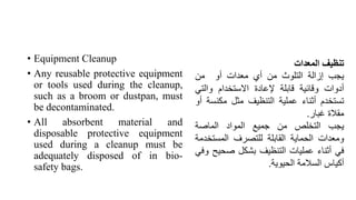 • Equipment Cleanup
• Any reusable protective equipment
or tools used during the cleanup,
such as a broom or dustpan, must
be decontaminated.
• All absorbent material and
disposable protective equipment
used during a cleanup must be
adequately disposed of in bio-
safety bags.
‫تنظيف‬
‫المعدات‬
‫يجب‬
‫إزالة‬
‫التلوث‬
‫من‬
‫أي‬
‫معدات‬
‫أو‬
‫من‬
‫أدوات‬
‫وقائية‬
‫قابلة‬
‫إلعادة‬
‫االستخدام‬
‫والت‬
‫ي‬
‫تستخدم‬
‫أثناء‬
‫عملية‬
‫التنظيف‬
‫مثل‬
‫مكن‬
‫سة‬
‫أو‬
‫مقالة‬
‫غبار‬
.
‫يجب‬
‫التخلص‬
‫من‬
‫جميع‬
‫المواد‬
‫الماصة‬
‫ومعدات‬
‫الحماية‬
‫القابلة‬
‫للتصرف‬
‫المستخ‬
‫دمة‬
‫في‬
‫أثناء‬
‫عمليات‬
‫التنظيف‬
‫بشكل‬
‫صحي‬
‫ح‬
‫وفي‬
‫أكياس‬
‫السالمة‬
‫الحيوية‬
.
 