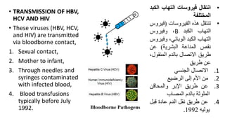 • TRANSMISSION OF HBV,
HCV AND HIV
• These viruses (HBV, HCV,
and HIV) are transmitted
via bloodborne contact,
1. Sexual contact,
2. Mother to infant,
3. Through needles and
syringes contaminated
with infected blood,
4. Blood transfusions
typically before July
1992.
•
‫انتقال‬
‫فيروسات‬
‫التهاب‬
‫ال‬
‫كبد‬
‫المختلفة‬
•
‫تنتقل‬
‫هذه‬
‫الفيروسات‬
(
‫ف‬
‫يروس‬
‫التهاب‬
‫الكبد‬
B
،
‫وفيروس‬
‫التهاب‬
‫الكبد‬
،‫الوبائي‬
‫وف‬
‫يروس‬
‫نقص‬
‫المناعة‬
‫البشرية‬
)
‫عن‬
‫طريق‬
‫االتصال‬
‫بالدم‬
،‫المنقول‬
‫عن‬
‫طريق‬
.1
‫االتصال‬
‫الجنسي‬
.2
‫من‬
‫األم‬
‫إلى‬
‫الرضيع‬
.3
‫عن‬
‫طريق‬
‫اإلبر‬
‫والمحاقن‬
‫الملوثة‬
‫بالدم‬
‫المصاب‬
.4
‫عن‬
‫طريق‬
‫نقل‬
‫الدم‬
‫عادة‬
‫قب‬
‫ل‬
‫يوليه‬
1992
.
 