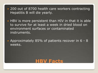 HBV Facts
 200 out of 8700 health care workers contracting
Hepatitis B will die yearly.
 HBV is more persistent than HIV in that it is able
to survive for at least a week in dried blood on
environment surfaces or contaminated
instruments.
 Approximately 85% of patients recover in 6 - 8
weeks.
 