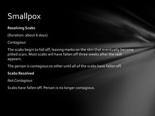 Smallpox
Resolving Scabs
(Duration: about 6 days)
Contagious
The scabs begin to fall off, leaving marks on the skin that eventually become
pitted scars. Most scabs will have fallen off three weeks after the rash
appears.
The person is contagious to other until all of the scabs have fallen off.
Scabs Resolved
Not Contagious
Scabs have fallen off. Person is no longer contagious.
 