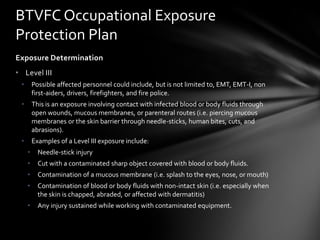BTVFC Occupational Exposure
Protection Plan
Exposure Determination
• Level III
 •       Possible affected personnel could include, but is not limited to, EMT, EMT-I, non
         first-aiders, drivers, firefighters, and fire police.
 •       This is an exposure involving contact with infected blood or body fluids through
         open wounds, mucous membranes, or parenteral routes (i.e. piercing mucous
         membranes or the skin barrier through needle-sticks, human bites, cuts, and
         abrasions).
 •       Examples of a Level III exposure include:
     •     Needle-stick injury
     •     Cut with a contaminated sharp object covered with blood or body fluids.
     •     Contamination of a mucous membrane (i.e. splash to the eyes, nose, or mouth)
     •     Contamination of blood or body fluids with non-intact skin (i.e. especially when
           the skin is chapped, abraded, or affected with dermatitis)
     •     Any injury sustained while working with contaminated equipment.
 