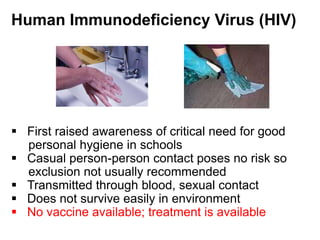Human Immunodeficiency Virus (HIV)




 First raised awareness of critical need for good
  personal hygiene in schools
 Casual person-person contact poses no risk so
  exclusion not usually recommended
 Transmitted through blood, sexual contact
 Does not survive easily in environment
 No vaccine available; treatment is available
 