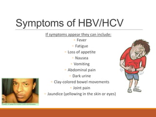Symptoms of HBV/HCV
If symptoms appear they can include:
◦ Fever
◦ Fatigue
◦ Loss of appetite
◦ Nausea
◦ Vomiting
◦ Abdominal pain
◦ Dark urine
◦ Clay-colored bowel movements
◦ Joint pain
◦ Jaundice (yellowing in the skin or eyes)
 