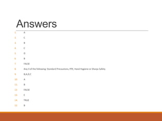 Answers
1. A
2. C
3. B
4. C
5. D
6. B
7. FALSE
8. Any 3 of the following: Standard Precautions, PPE, Hand Hygiene or Sharps Safety
9. B,A,D,C
10. A
11. B
12. FALSE
13. E
14. TRUE
15. B
 