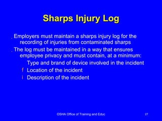 Sharps Injury Log Employers must maintain a sharps injury log for the recording of injuries from contaminated sharps The log must be maintained in a way that ensures employee privacy and must contain, at a minimum: Type and brand of device involved in the incident Location of the incident Description of the incident 