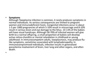 • Symptoms
Although Toxoplasma infection is common, it rarely produces symptoms in
normal individuals. Its serious consequences are limited to pregnant
women and immunodeficient hosts. Congenital infections occur in about
1-5 per 1000 pregnancies of which 5-10% result in miscarriage and 8-10%
result in serious brain and eye damage to the fetus. 10-13% of the babies
will have visual handicaps. Although 58-70% of infected women will give
birth to a normal offspring, a small proportion of babies will develop
active retino-chorditis or mental retardation in childhood or young
adulthood. In immunocompetent adults, toxoplasmosis, may produce flu-
like symptoms, sometimes associated with lymphadenopathy. In
immunocompromised individuals, infection results in generalized
parasitemia involvement of brain, liver lung and other organs, and often
death.
•
 