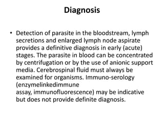 Diagnosis
• Detection of parasite in the bloodstream, lymph
secretions and enlarged lymph node aspirate
provides a definitive diagnosis in early (acute)
stages. The parasite in blood can be concentrated
by centrifugation or by the use of anionic support
media. Cerebrospinal fluid must always be
examined for organisms. Immuno-serology
(enzymelinkedimmune
assay, immunofluorescence) may be indicative
but does not provide definite diagnosis.
 