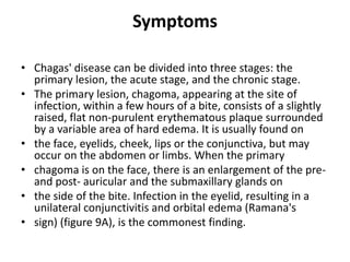 Symptoms
• Chagas' disease can be divided into three stages: the
primary lesion, the acute stage, and the chronic stage.
• The primary lesion, chagoma, appearing at the site of
infection, within a few hours of a bite, consists of a slightly
raised, flat non-purulent erythematous plaque surrounded
by a variable area of hard edema. It is usually found on
• the face, eyelids, cheek, lips or the conjunctiva, but may
occur on the abdomen or limbs. When the primary
• chagoma is on the face, there is an enlargement of the pre-
and post- auricular and the submaxillary glands on
• the side of the bite. Infection in the eyelid, resulting in a
unilateral conjunctivitis and orbital edema (Ramana's
• sign) (figure 9A), is the commonest finding.
 