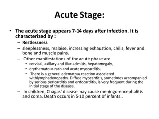 Acute Stage:
• The acute stage appears 7-14 days after infection. It is
characterized by :
– Restlessness
– sleeplessness, malaise, increasing exhaustion, chills, fever and
bone and muscle pains.
– Other manifestations of the acute phase are
• cervical, axillary and iliac adenitis, hepatomegaly,
• erythematous rash and acute myocarditis.
• There is a general edematous reaction associated
withlymphadenopathy. Diffuse myocarditis, sometimes accompanied
by serious pericarditis and endocarditis, is very frequent during the
initial stage of the disease.
– In children, Chagas' disease may cause meningo-encephalitis
and coma. Death occurs in 5-10 percent of infants..
 