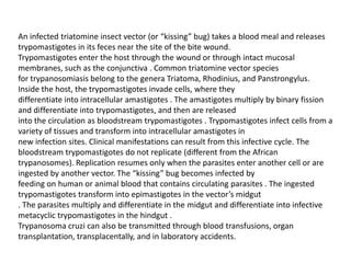 An infected triatomine insect vector (or “kissing” bug) takes a blood meal and releases
trypomastigotes in its feces near the site of the bite wound.
Trypomastigotes enter the host through the wound or through intact mucosal
membranes, such as the conjunctiva . Common triatomine vector species
for trypanosomiasis belong to the genera Triatoma, Rhodinius, and Panstrongylus.
Inside the host, the trypomastigotes invade cells, where they
differentiate into intracellular amastigotes . The amastigotes multiply by binary fission
and differentiate into trypomastigotes, and then are released
into the circulation as bloodstream trypomastigotes . Trypomastigotes infect cells from a
variety of tissues and transform into intracellular amastigotes in
new infection sites. Clinical manifestations can result from this infective cycle. The
bloodstream trypomastigotes do not replicate (different from the African
trypanosomes). Replication resumes only when the parasites enter another cell or are
ingested by another vector. The “kissing” bug becomes infected by
feeding on human or animal blood that contains circulating parasites . The ingested
trypomastigotes transform into epimastigotes in the vector’s midgut
. The parasites multiply and differentiate in the midgut and differentiate into infective
metacyclic trypomastigotes in the hindgut .
Trypanosoma cruzi can also be transmitted through blood transfusions, organ
transplantation, transplacentally, and in laboratory accidents.
 