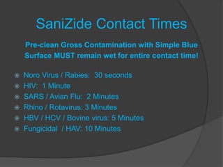SaniZide Contact Times
Pre-clean Gross Contamination with Simple Blue
Surface MUST remain wet for entire contact time!
 Noro Virus / Rabies: 30 seconds
 HIV: 1 Minute
 SARS / Avian Flu: 2 Minutes
 Rhino / Rotavirus: 3 Minutes
 HBV / HCV / Bovine virus: 5 Minutes
 Fungicidal / HAV: 10 Minutes
 