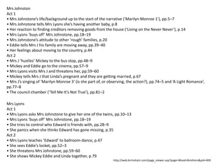 Mrs Johnston
Act 1
• Mrs Johnstone’s life/background up to the start of the narrative (‘Marilyn Monroe 1’), pp.5–7
• Mrs Johnstone tells Mrs Lyons she’s having another baby, p.8
• Her reaction to finding creditors removing goods from the house (‘Living on the Never Never’), p.14
• Mrs Lyons ‘buys off’ Mrs Johnstone, pp.18–19
• Mrs Johnstone’s attitude to other ‘rough’ families, p.20
• Eddie tells Mrs J his family are moving away, pp.39–40
• Her feelings about moving to the country, p.44
Act 2
• Mrs J ‘hustles’ Mickey to the bus stop, pp.48–9
• Mickey and Eddie go to the cinema, pp.57–9
• Mrs Lyons visits Mrs J and threatens her, pp.59–60
• Mickey tells Mrs J that Linda’s pregnant and they are getting married, p.67
• Mrs J’s singing of ‘Marilyn Monroe 3’ (is she part of, or observing, the action?), pp.74–5 and ‘A Light Romance’,
pp.77–8
• The council chamber (‘Tell Me It’s Not True’), pp.81–2
Mrs Lyons
Act 1
• Mrs Lyons asks Mrs Johnstone to give her one of the twins, pp.10–13
• Mrs Lyons ‘buys off’ Mrs Johnstone, pp.18–19
• She tries to control who Edward is friends with, pp.28–9
• She panics when she thinks Edward has gone missing, p.35
Act 2
• Mrs Lyons teaches ‘Edward’ to ballroom-dance, p.47
• She sees Eddie’s locket, pp.52–3
• She threatens Mrs Johnstone, pp.59–60
• She shows Mickey Eddie and Linda together, p.79
http://web.brimsham.com/page_viewer.asp?page=Blood+Brothers&pid=409

 