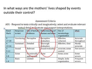 In what ways are the mothers’ lives shaped by events
outside their control?

 