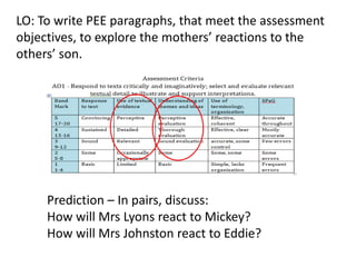 LO: To write PEE paragraphs, that meet the assessment
objectives, to explore the mothers’ reactions to the
others’ son.

Prediction – In pairs, discuss:
How will Mrs Lyons react to Mickey?
How will Mrs Johnston react to Eddie?

 