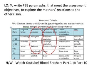 LO: To write PEE paragraphs, that meet the assessment
objectives, to explore the mothers’ reactions to the
others’ son.

H/W - Watch Youtube! Blood Brothers Part 1 to Part 10

 