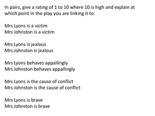 In pairs, give a rating of 1 to 10 where 10 is high and explain at
which point in the play you are linking it to:
Mrs Lyons is a victim
Mrs Johnston is a victim

Mrs Lyons is jealous
Mrs Johnston is jealous
Mrs Lyons behaves appallingly
Mrs Johnston behaves appallingly
Mrs Lyons is the cause of conflict
Mrs Johnston is the cause of conflict
Mrs Lyons is brave
Mrs Johnston is brave

 