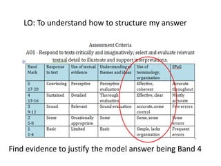 LO: To understand how to structure my answer

Find evidence to justify the model answer being Band 4

 