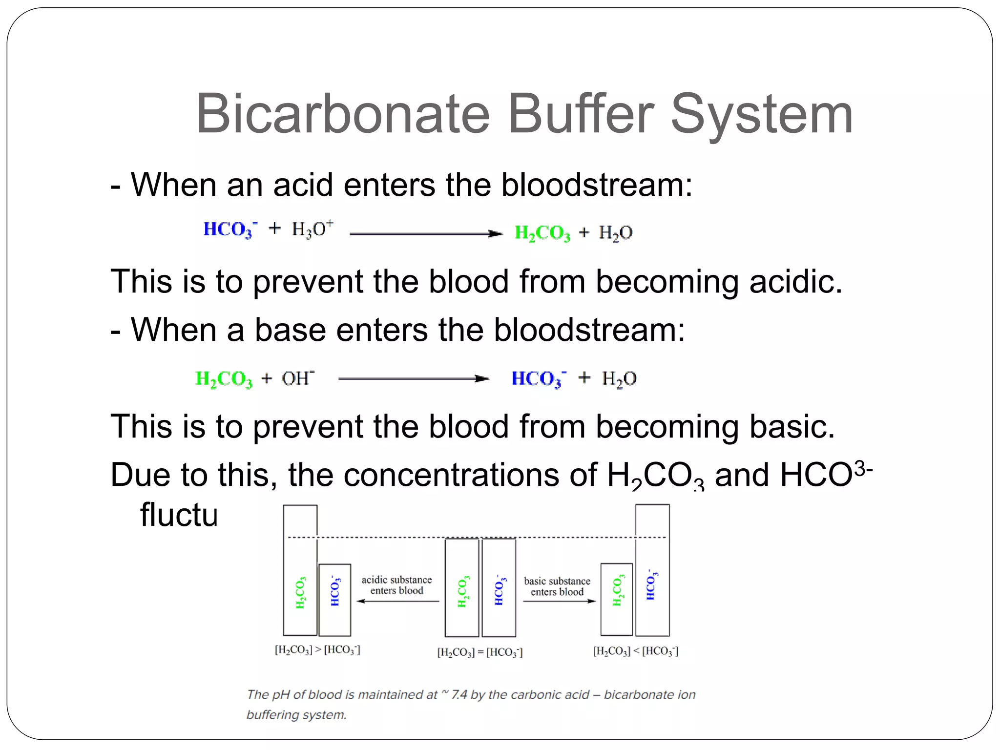 Bicarbonate Buffer System
- When an acid enters the bloodstream:
This is to prevent the blood from becoming acidic.
- When a base enters the bloodstream:
This is to prevent the blood from becoming basic.
Due to this, the concentrations of H2CO3 and HCO3-
fluctuate.
 