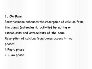 1. On Bone
Parathormone enhances the resorption of calcium from
the bones (osteoclastic activity) by acting on
osteoblasts and osteoclasts of the bone.
Resorption of calcium from bones occurs in two
phases:
i. Rapid phase
ii. Slow phase.
 