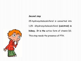 Second step
25-hydroxycholecalciferol is converted into
1,25- dihydroxycholecalciferol (calcitriol) in
kidney. It is the active form of vitamin D3.
This step needs the presence of PTH.
 