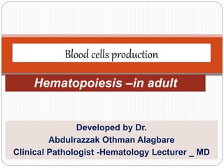 Developed by Dr.
Abdulrazzak Othman Alagbare
Clinical Pathologist -Hematology Lecturer _ MD
Blood cells production
Hematopoiesis –in adult
 