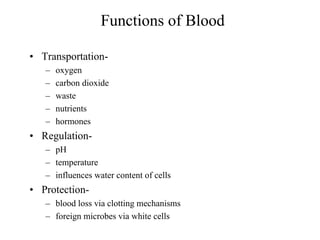Functions of Blood

• Transportation-
   –   oxygen
   –   carbon dioxide
   –   waste
   –   nutrients
   –   hormones
• Regulation-
   – pH
   – temperature
   – influences water content of cells
• Protection-
   – blood loss via clotting mechanisms
   – foreign microbes via white cells
 