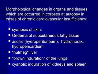 MMoorrpphhoollooggiiccaall cchhaannggeess iinn oorrggaannss aanndd ttiissssuueess 
wwhhiicchh aarree ooccccuurrrreedd iinn ccoorrppsseess aatt aauuttooppssyy iinn 
ccaasseess ooff cchhrroonniicc ccaarrddiioovvaassccuullaarr iinnssuuffffiicciieennccyy:: 
 ccyyaannoossiiss ooff sskkiinn.. 
 OOeeddeemmaa ooff ssuubbccuuttaanneeoouuss ffaattttyy ttiissssuuee 
 aasscciittiiss ((hhyyddrrooppeerriittoonneeuumm)),, hhyyddrrootthhoorraaxx,, 
hhyyddrrooppeerriiccaarrddiiuumm 
 ""nnuuttmmeegg"" lliivveerr 
 ""bbrroowwnn iinndduurraattiioonn"" ooff tthhee lluunnggss 
 ccyyaannoottiicc iinndduurraattiioonn ooff kkiiddnneeyyss aanndd sspplleeeenn 
 