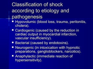 CCllaassssiiffiiccaattiioonn ooff sshhoocckk 
aaccccoorrddiinngg ttoo eettiioollooggyy aanndd 
ppaatthhooggeenneessiiss 
 HHyyppoovvoolluummiicc ((bblloooodd lloossss,, ttrraauummaa,, ppeerriittoonniittiiss,, 
cchhoolleerraa)).. 
 CCaarrddiiooggeenniicc ((ccaauusseedd bbyy tthhee rreedduuccttiioonn iinn 
ccaarrddiiaacc oouuttppuutt iinn mmyyooccaarrddiiaall iinnffaarrccttiioonn,, 
vvaassccuullaarr iinnssuuffffiicciieennccyy)).. 
 BBaacctteerriiaall ((ccaauusseedd bbyy eennddoottooxxiinnss)).. 
 NNeeuurrooggeenniicc ((iinn iinnttooxxiiccaattiioonn wwiitthh hhyyppnnoottiicc 
pprreeppaarraattiioonnss,, ggaanngglliioobblloocckkeerrss,, nnaarrccoottiiccss)).. 
 AAnnaapphhyyllaaccttiicc ((iimmmmeeddiiaattee rreeaaccttiioonn ooff 
hhyyppeerrsseennssiittiivviittyy)).. 
 