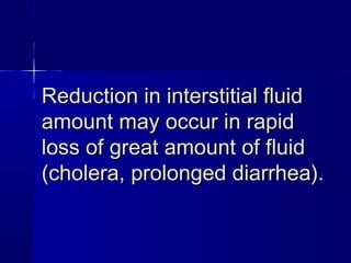 RReedduuccttiioonn iinn iinntteerrssttiittiiaall fflluuiidd 
aammoouunntt mmaayy ooccccuurr iinn rraappiidd 
lloossss ooff ggrreeaatt aammoouunntt ooff fflluuiidd 
((cchhoolleerraa,, pprroolloonnggeedd ddiiaarrrrhheeaa)).. 
 