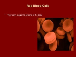 Red Blood Cells
• They carry oxygen to all parts of the body
 