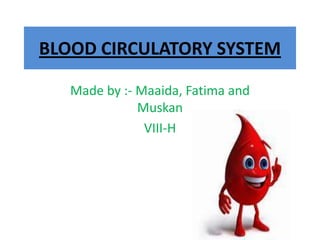 BLOOD CIRCULATORY SYSTEM
Made by :- Maaida, Fatima and
Muskan
VIII-H

 