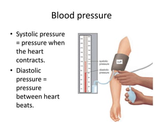 Blood pressure
• Systolic pressure
= pressure when
the heart
contracts.
• Diastolic
pressure =
pressure
between heart
beats.
 