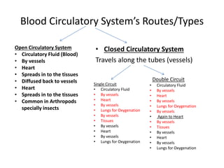 Blood Circulatory System’s Routes/Types
• Closed Circulatory System
Travels along the tubes (vessels)
Open Circulatory System
• Circulatory Fluid (Blood)
• By vessels
• Heart
• Spreads in to the tissues
• Diffused back to vessels
• Heart
• Spreads in to the tissues
• Common in Arthropods
specially insects
Single Circuit
• Circulatory Fluid
• By vessels
• Heart
• By vessels
• Lungs for Oxygenation
• By vessels
• Tissues
• By vessels
• Heart
• By vessels
• Lungs for Oxygenation
Double Circuit
• Circulatory Fluid
• By vessels
• Heart
• By vessels
• Lungs for Oxygenation
• By vessels
• Again to Heart
• By vessels
• Tissues
• By vessels
• Heart
• By vessels
• Lungs for Oxygenation
 