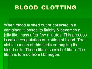 BLOOD CLOTTING
When blood is shed out or collected in a
container, it looses its fluidity & becomes a
jelly like mass after few minutes. This process
is called coagulation or clotting of blood. The
clot is a mesh of thin fibrils entangling the
blood cells. These fibrils consist of fibrin. The
fibrin is formed from fibrinogen.
 