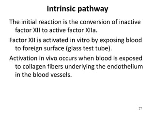 27
Intrinsic pathway
The initial reaction is the conversion of inactive
factor XII to active factor XIIa.
Factor XII is activated in vitro by exposing blood
to foreign surface (glass test tube).
Activation in vivo occurs when blood is exposed
to collagen fibers underlying the endothelium
in the blood vessels.
 