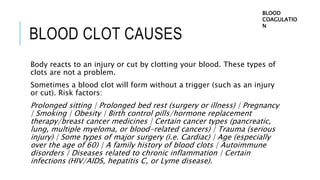 BLOOD CLOT CAUSES
Body reacts to an injury or cut by clotting your blood. These types of
clots are not a problem.
Sometimes a blood clot will form without a trigger (such as an injury
or cut). Risk factors:
Prolonged sitting | Prolonged bed rest (surgery or illness) | Pregnancy
| Smoking | Obesity | Birth control pills/hormone replacement
therapy/breast cancer medicines | Certain cancer types (pancreatic,
lung, multiple myeloma, or blood-related cancers) | Trauma (serious
injury) | Some types of major surgery (i.e. Cardiac) | Age (especially
over the age of 60) | A family history of blood clots | Autoimmune
disorders | Diseases related to chronic inflammation | Certain
infections (HIV/AIDS, hepatitis C, or Lyme disease).
BLOOD
COAGULATIO
N
 