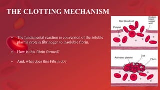 THE CLOTTING MECHANISM
 The fundamental reaction is conversion of the soluble
plasma protein fibrinogen to insoluble fibrin.
 How is this fibrin formed?
 And, what does this Fibrin do?
 