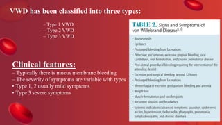 Clinical features:
– Typically there is mucus membrane bleeding
– The severity of symptoms are variable with types
• Type 1, 2 usually mild symptoms
• Type 3 severe symptoms
– Type 1 VWD
– Type 2 VWD
– Type 3 VWD
VWD has been classified into three types:
 