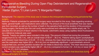 Intraoperative Bleeding During Open Flap Debridement and Regenerative
Periodontal Surgery
Hadar Zigdon,*† Liran Levin,*† Margarita Filatov
Background: The objective of this study was to measure the intraoperative bleeding during periodontal flap
surgery.
Methods: Patients scheduled for periodontal surgery were recruited for this study. Data regarding smoking
habits, general health, and medications were collected. The amount of the local anesthetic that was injected
was then recorded, as well as the number of teeth in the operative field and the duration of the procedure.
During surgery, the liquids from the oral cavity were suctioned and collected into a sterile empty vial. To
calculate the net amount of blood volume in the liquids, colorimetric assay using capillary blood fructosamine
as a reference molecule was used.
Results: Twenty-six patients were included in this study. The amount of blood lost during the procedure
ranged from 6.0 to 145.1 mL, with an overall mean of 59.47 – 38.2 mL. Patients taking aspirin (acetylsalicylic
acid) showed mean blood loss of 43.26 – 31.5 mL, whereas the mean blood loss among patients that did not
use this medication was higher (65.4 – 39.4 mL) but not statistically significant. Local anesthetic amount,
surgical field size, and the operation duration did not relate to blood-loss volume. The mean blood loss among
current smokers was significantly higher (96.47 – 44.2 mL) compared to former (12 – 8.4 mL) or never (54.74
– 30.5 mL, P = 0.011) smokers.
Conclusion: The results of the current study support previous papers and confirm that blood loss during
periodontal surgery is minimal.
 