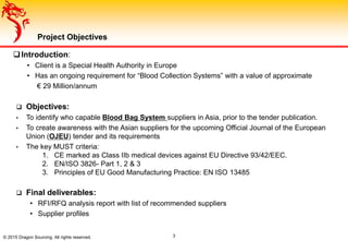 Project Objectives
© 2015 Dragon Sourcing. All rights reserved.
Introduction:
• Client is a Special Health Authority in Europe
• Has an ongoing requirement for “Blood Collection Systems” with a value of approximate
€ 29 Million/annum
3
 Objectives:
• To identify who capable Blood Bag System suppliers in Asia, prior to the tender publication.
• To create awareness with the Asian suppliers for the upcoming Official Journal of the European
Union (OJEU) tender and its requirements
• The key MUST criteria:
1. CE marked as Class IIb medical devices against EU Directive 93/42/EEC.
2. EN/ISO 3826- Part 1, 2 & 3
3. Principles of EU Good Manufacturing Practice: EN ISO 13485
 Final deliverables:
• RFI/RFQ analysis report with list of recommended suppliers
• Supplier profiles
 