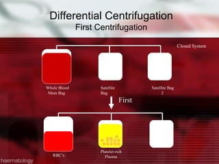 Differential Centrifugation
              First Centrifugation

                                                         Closed System




Whole Blood          Satellite           Satellite Bag
 Main Bag            Bag                       2
                           1
                                 First




                     Platelet-rich
   RBC’s               Plasma
 