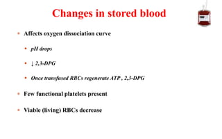 Affects oxygen dissociation curve
 pH drops
 ↓ 2,3-DPG
 Once transfused RBCs regenerate ATP , 2,3-DPG
 Few functional platelets present
 Viable (living) RBCs decrease
Changes in stored blood
 
