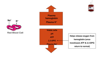 Plasma
hemoglobin
Plasma K+
Viable cells
pH
ATP
2,3-DPG
Plasma Na+
Helps release oxygen from
hemoglobin (once
transfused, ATP & 2,3-DPG
return to normal)
K+Na+
 
