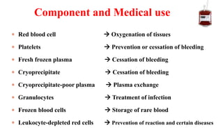  Red blood cell  Oxygenation of tissues
 Platelets  Prevention or cessation of bleeding
 Fresh frozen plasma  Cessation of bleeding
 Cryoprecipitate  Cessation of bleeding
 Cryoprecipitate-poor plasma  Plasma exchange
 Granulocytes  Treatment of infection
 Frozen blood cells  Storage of rare blood
 Leukocyte-depleted red cells  Prevention of reaction and certain diseases
Component and Medical use
 